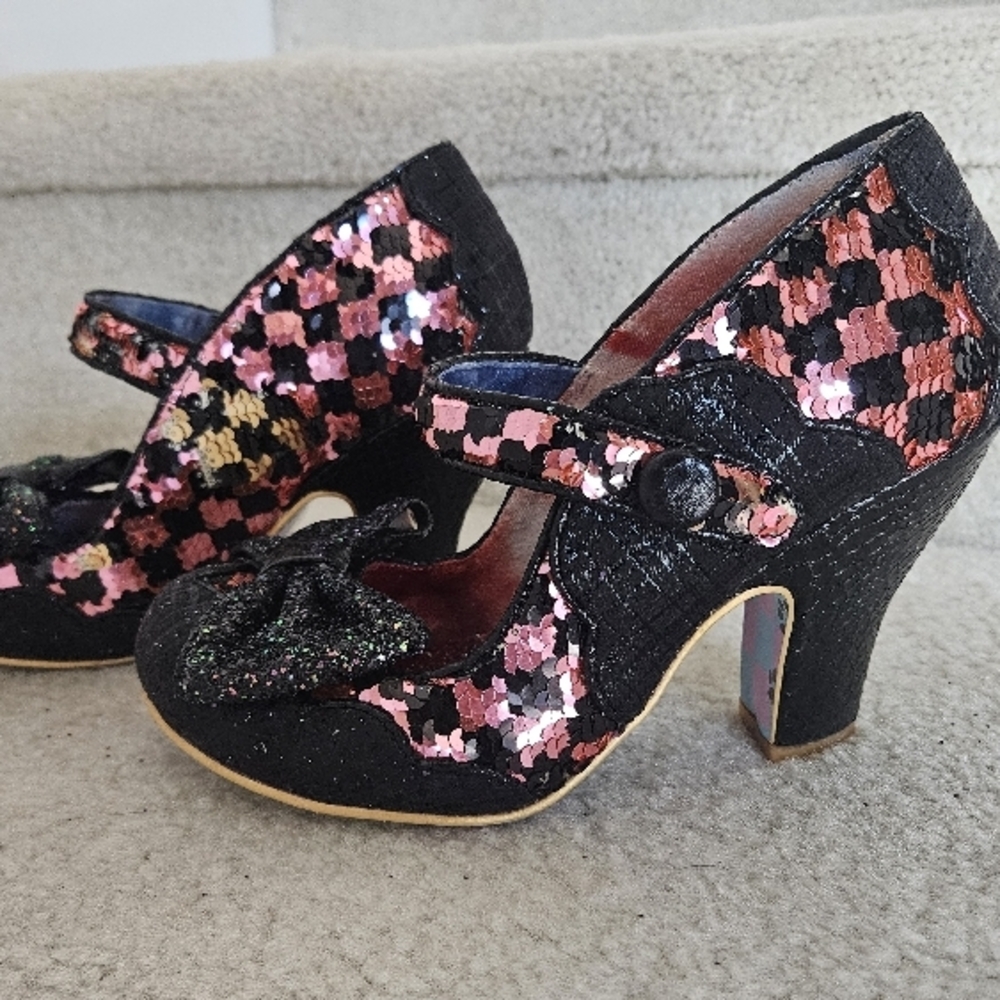 Black and Pink Irregular Choice Sequin Mary Jane Heels Size 6.5